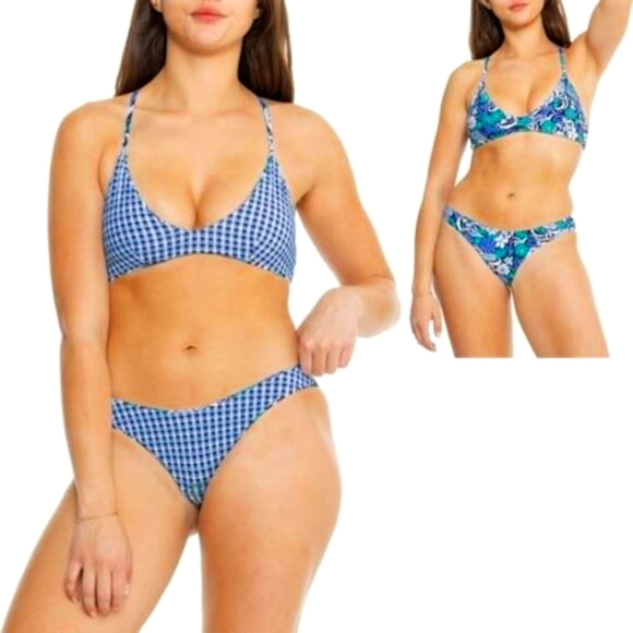 NWT Roxy Women’s Blue Floral Tri-Scoop Cheeky Reversible 2PC Bikini Set Size L - Picture 1 of 15